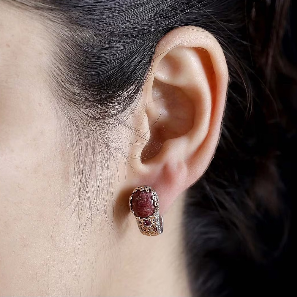 Stamped by Karis Norwegian Thulite and Orissa Rhodolite Garnet J-Hoop Earrings